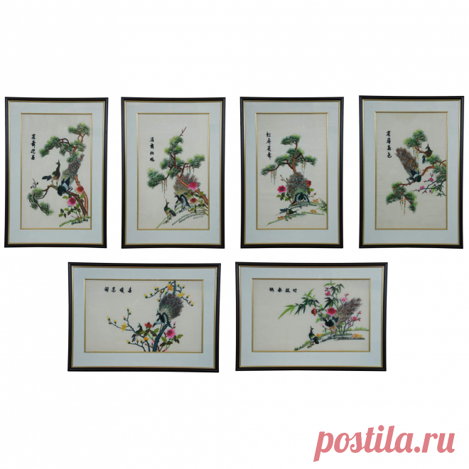 6 Vintage Chinese Silk Embroidered Peacock Bird Pinetree Tapestry Panels 27