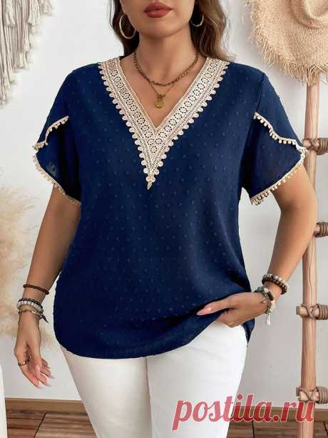 Plus Size Navy Blue V-Neck Blouse With Lace Trim And Swiss Dot Detail