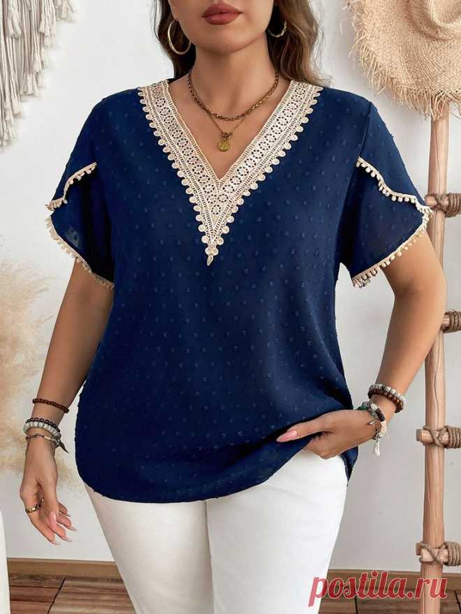 Plus Size Navy Blue V-Neck Blouse With Lace Trim And Swiss Dot Detail