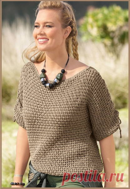 Джемпер со шнуровкой на плечах с цельнокроенным рукавом
По линии плеча этот джемпер соединен шнуром, что создает оригинальный и непринужденный облик.
Размеры 36/38 (40/42) 44
ВАМ ПОТРЕБУЕТСЯ
Пряжа (44% вискозы, 34% полиакрила, 22% хлопка;
105 м/50 г) — 550 (600) 650 г цв. латуни;
круговые спицы №4;
крючок №3,5.
УЗОРЫ И СХЕМЫ
РЕЗИНКА (Нечетное число петель)
Лицевые ряды: кромочная, попеременно 1 лицевая, 1 изнаночная, закончить 1 лицевой, кромочная.
Изнаночные ряды: петли...