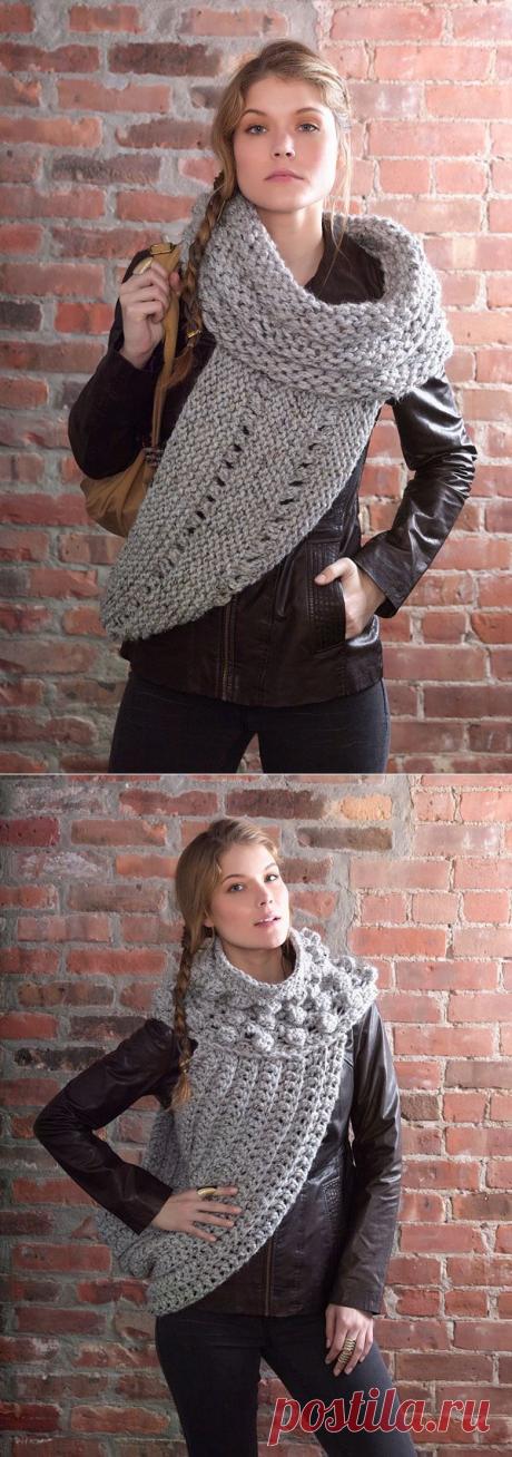 Оригинальный шарф-хомут из толстой пряжи от Lion Brand вязаный спицами | Strikky.ru
