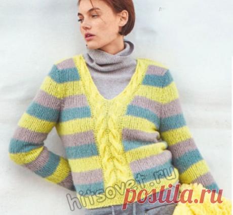 Полосатый пуловер с центральной косой - Хитсовет