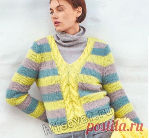 Полосатый пуловер с центральной косой - Хитсовет