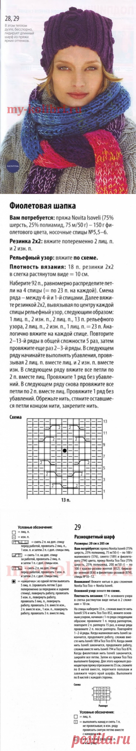 Шапка спицами комбинированным рельефным узором + простой шарф