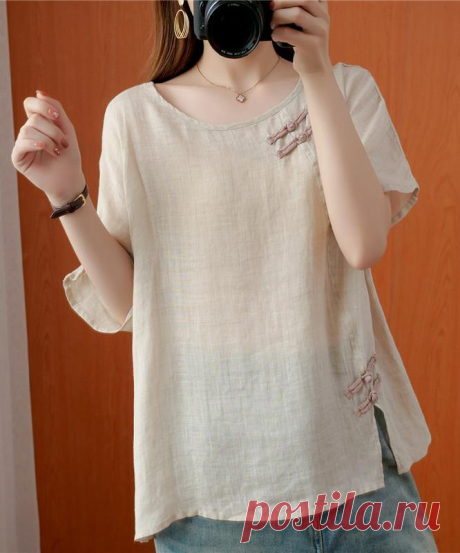 DIY beige blouses for women o neck Chinese Button blouses – SooLinen