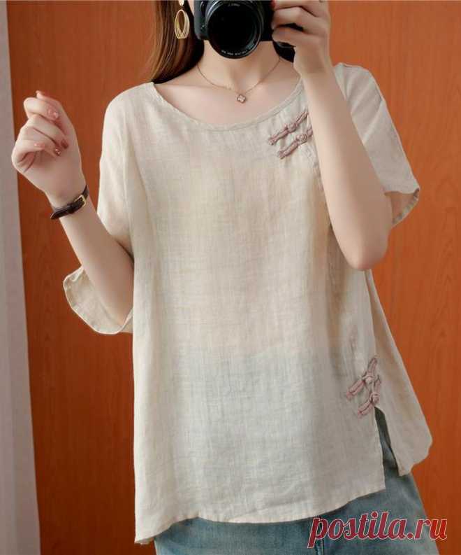 DIY beige blouses for women o neck Chinese Button blouses – SooLinen