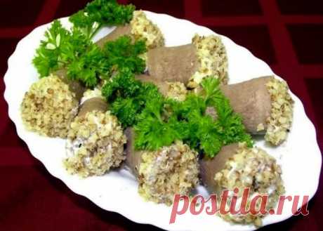Закуска из языка с начинкой Оригинальная и вкусная закуска из языка, украсит любой праздничный стол.