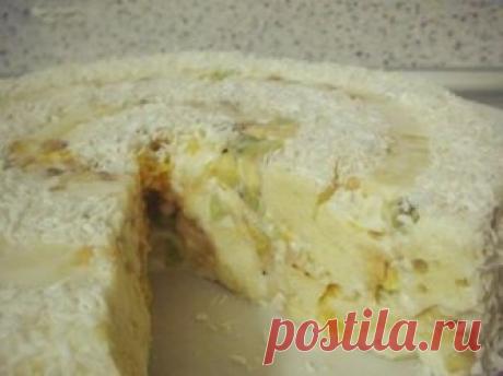  Тортик «Фруктовая нежность»  Ингредиенты:  Для бисквита:  -4 яйца,  -по одному стакану сахара и муки.  Для начинки:  -бананы,  -консерв. ананасы,  -2-3 апельсина.  Для крема:  -1 литр 25%-ной сметаны,  -1 ст.сахара,  -50-65 гр.растворенного и остывшего желатина. Приготовление:  Испечь бисквит: яйца взбить с сахаром, добавить муку, перемешать. Остывший бисквит нарезать кубиками. Бананы и ананасы нарезать кусочками, апельсины нарезать кружочками.  Сметану взбить с сахаром, добавить желатин.