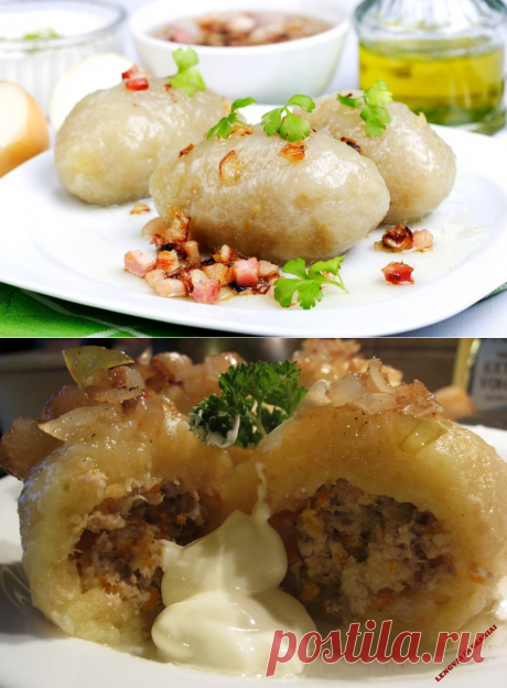 Сытно и оригинально! Литовские цеппелины 
=8-12 шт большого картофеля мясной фарш 1 яйцо 1 ч.л. крахмала немного муки соль, перец по вкусу сливочное масло и сметана для оформления блюда