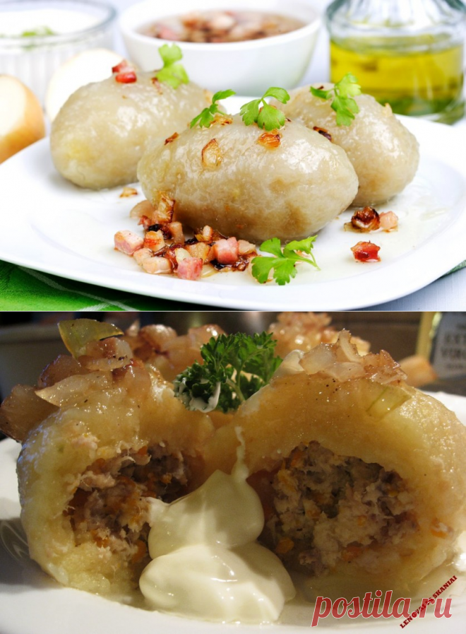 Сытно и оригинально! Литовские цеппелины 
=8-12 шт большого картофеля мясной фарш 1 яйцо 1 ч.л. крахмала немного муки соль, перец по вкусу сливочное масло и сметана для оформления блюда