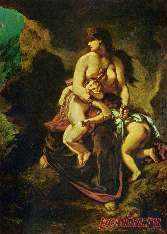 Эжен Делакруа "Медея."
1862 г.Материал: холст, масло. музей: Лилль. Музей изящных искусств.

Эта картина общепризнана критиками того времени как настоящая находка, как иной подход к трактовке знаменитой трагедии.

Здесь Медея со змеиным выражением на хищном лице сгребла в охапку своих детей, которые стараются вырваться из ее цепких рук. Маленькие дети, чуя неладное, выкручиваются из рук матери. Задрались рубашонки, оголив нежное тело.