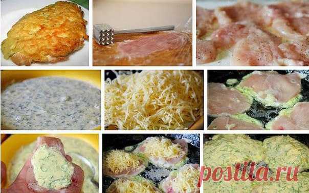 Куриные отбивные с сыром. Очень вкусно, обязательно попробуйте!

Ингредиенты:

куриные грудки - 500 г
сыр - 150г
яйца - 2шт
майонез - 3 ст.л
мука - 3ст.л
укроп, соль, перец, масло для жарки.
Способ приготовления:
Куриную грудку разрезать на порционные кусочки. Отбить, посолить и поперчить. Оставить немного настояться.
Отдельно в тарелке смешиваем яйца, майонез, муку, зелень. Добавляем немного соли и перца.
Сыр натираем на терке.
На каждый кусочек отбитого мяса, с помощью л...