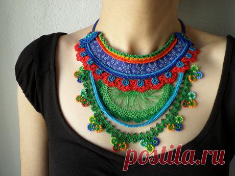 colorful freeform crochet bib necklace - statement necklace with red, cornflower blue and green beaded crochet flowers by irregularexpressions | Flickr - Photo Sharing!