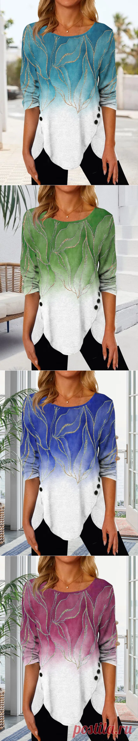 Gradient Irregular Hem Button Women Loose Tunic Top Long Sleeve T-shir - Cicicloth