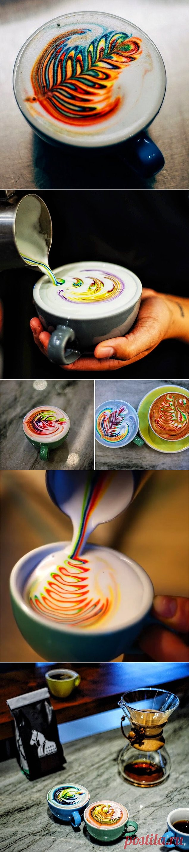 Креативный бариста делает разноцветные рисунки на кофе
