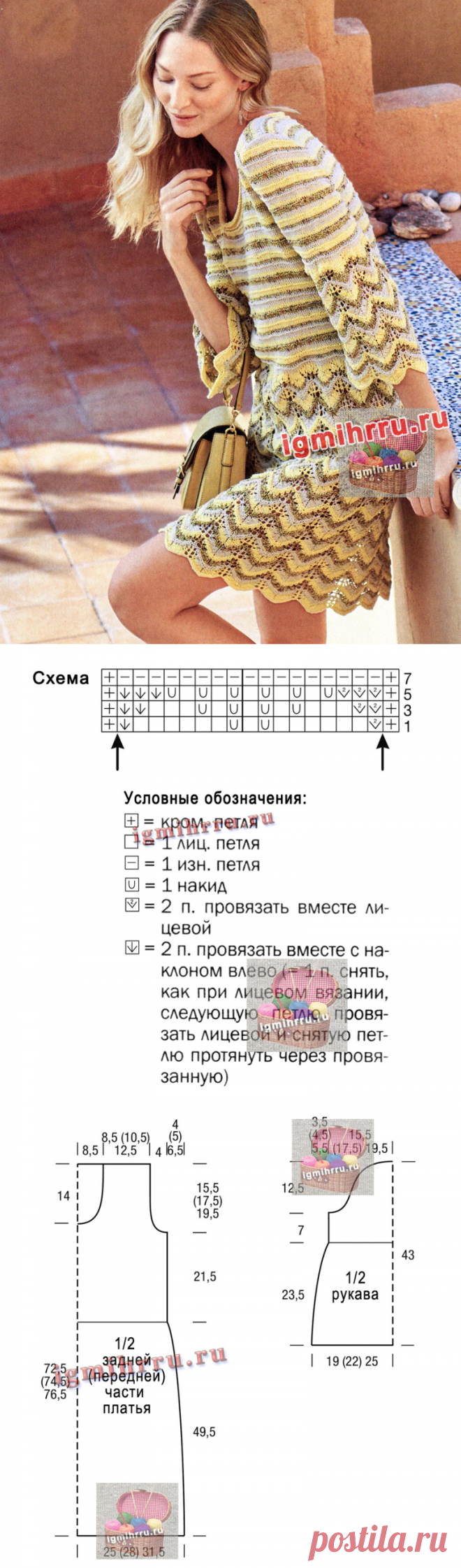 Платье с полосами и зубчатым узором. Вязание спицами со схемами и описанием