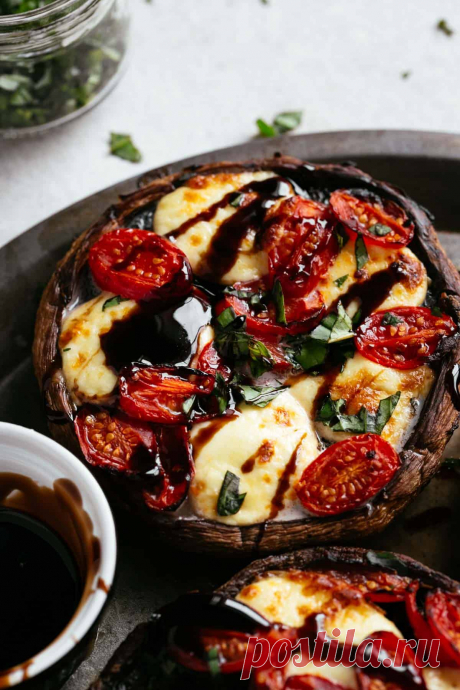 Caprese Stuffed Portobello Mushrooms - Cafe Delites Caprese Stuffed Portobello Mushrooms. Roasted in garlic butter, stuffed with fresh mozzarella cheese and tomatoes, then finished with balsamic
