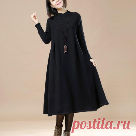 Literature Long Sleeves Autumn Winter Black Women Dress Material: cotton,polyester Collar type:round neck Clothing placket: hedging Pattern: solid Style: commuter,literature Sleeve: long sleeves Clothing details: kni