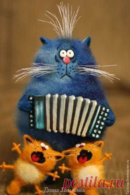 Купить Кот-музыкант - синий, 1 апреля 2014, кот, кот из шерсти, интерьерная игрушка