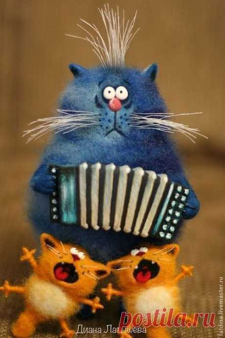Купить Кот-музыкант - синий, 1 апреля 2014, кот, кот из шерсти, интерьерная игрушка