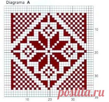 Яркий плед из квадратов, связанных двуцветными орнаментами — Рукоделие