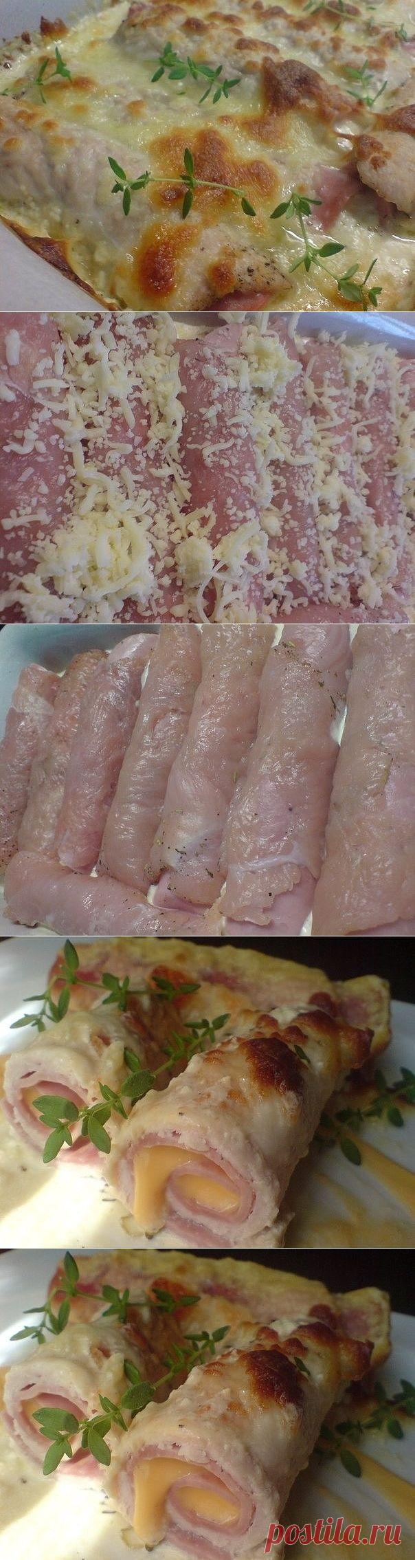 Рулетики из куриной грудки в сырном соусе