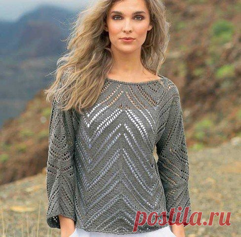 Вяжем стильный джемпер с зубчатым краем Размеры 38/40 (42/44) 46/48 Вам потребуется Пряжа (47% хлопка, 47% полиакрила, 6% полиамида; 165 м/50 г) 300 (350) 400 г серой; спицы №4,5; крючок № 4. Узоры и схемы Ажурный зубчатый узор на 44 петлях Вязать согл. схеме. На ней даны лицевые ряды.