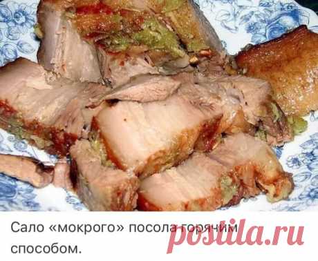 Сало «мокрого» посола горячим способом. 
У меня было почти 2 кг сала, но это не столь важно… 
Готовим рассол: 
Наливаем в кастрюльку 600 мл воды, добавляем 6 ст. ложек соли,6 горошин душистого перца, 6 горошин чёрного перца,6 горошин кориандра,1 лавровый листик, молотый чёрный перец и молотый кориандр по 0,5 ч. ложки (можно обойтись без кориандра). Ставим кастрюльку на огонь, И ПОКА ВОДА ЗАКИПАЕТ, ЗАЙМЁМСЯ САЛОМ. 
Сало нарезаем на куски 3-4 см на 9-10 см(всё зависит от бан...
