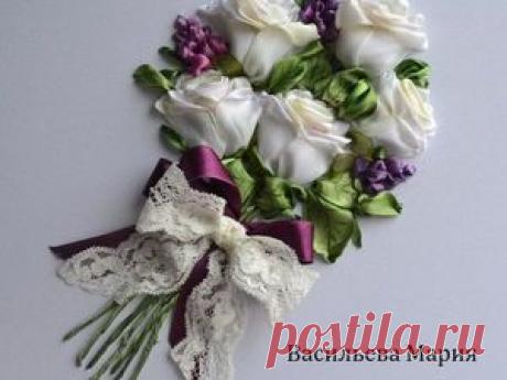 Вышиваем лентами «Букет белых роз» - Ярмарка Мастеров - ручная работа, handmade