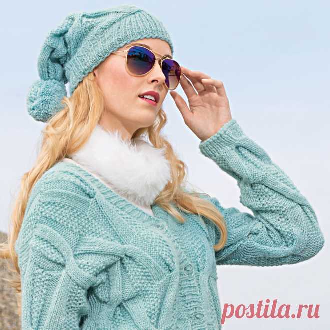 Голубая шапка с помпоном - схема вязания спицами. Вяжем Шапки на Verena.ru