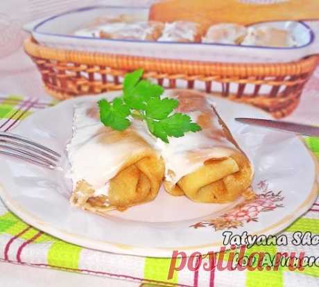 Блинчики с грибами и сыром, запеченные в духовке