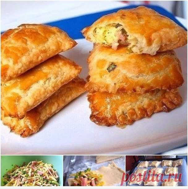 Пирожки из слоеного теста с зеленым луком, сыром и ветчиной — Кулинарная страничка