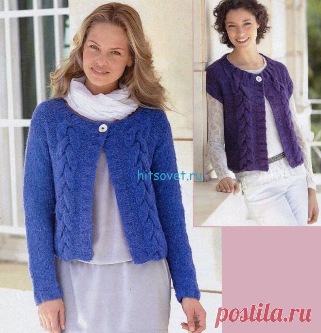 Вязание жакета с косами в двух вариантах - Хитсовет Вязание жакета с косами в двух вариантах. Модный жакет с косами. Модель предложена в двух вариантах, Вы можете выбрать длинный или короткий рукав, голубой или фиолетовый цвет.