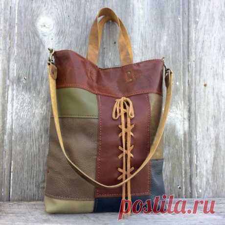 Leather Patchwork Carpetbag Tote with Shoulder Strap and Corset Style Lacing - Handmade - OOAK Bag - Boho Bohemian Style by Stacy Leigh One of a kind, handmade, leather tote made with hand-sewn…