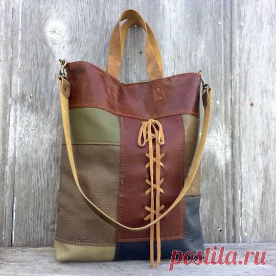 Leather Patchwork Carpetbag Tote with Shoulder Strap and Corset Style Lacing - Handmade - OOAK Bag - Boho Bohemian Style by Stacy Leigh One of a kind, handmade, leather tote made with hand-sewn…