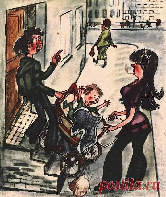 20vek.com: 1979. Карикатура художника Б. Савкова - Опять внука на родителей бросила, в театр спешит…
