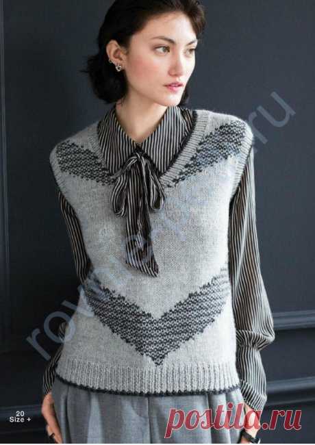 Классический жилет "SLIP STITCH" с V-образным вырезом, с узором со снятыми петлями. Спицами. / rovnie-petli.ru