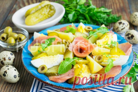 Салат из горбуши, картофеля и маринованных огурцов | Кушать нет