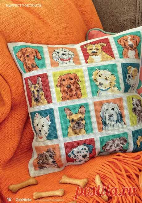 Подушка с вышитыми мордочками собак Подушка с вышитыми мордочками собакОтличная идея: и вышивать, и создавать декор одновременно.