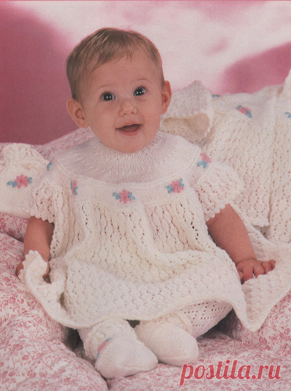 Instant PDF Download Vintage Row by Row Knitting Pattern to make Baby A Lacy Embroidered Dress,Hooded Jacket,Bootees & Mittens Chest 18-22