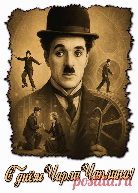 "Шляпа, трость, смешной ботинок —
День Chaplin'а отмечаем,
Ярких вам, друзья, картинок,
Счастья, радости желаем! Открытки на День Чарли Чаплина!"
