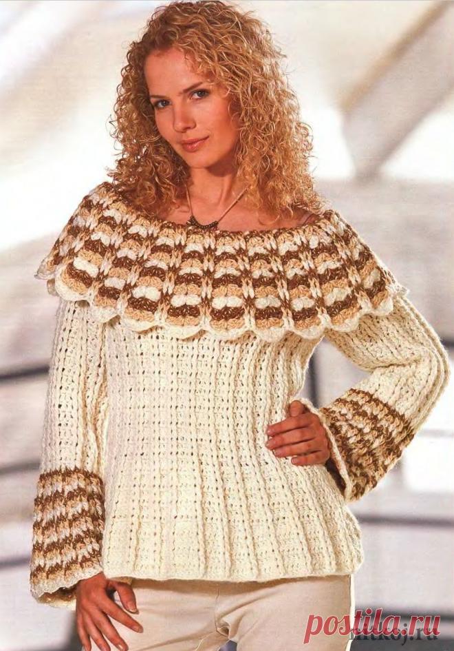 Вязание пуловера крючком с широким воротником