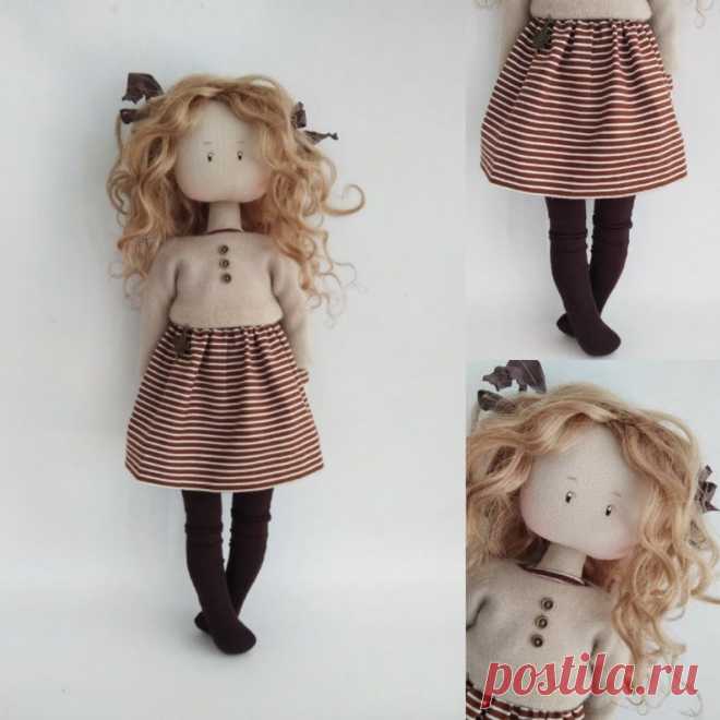 Gift handmade textile collectible doll brown dress. Interior | Etsy