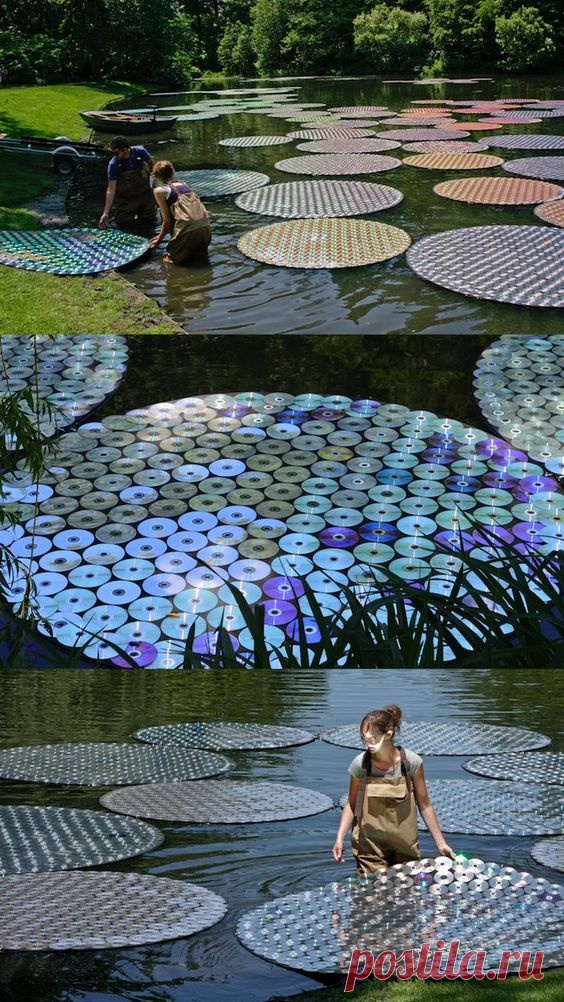 These all together on the water brings magic to the pond 65,000 Recycled CDs Form Colorful Floating Waterlilies by http://www.brucemunro.co.uk #diy_art_installation