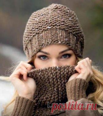 Женская шапка и шарф-снуд простым узором схема спицами » Люблю Вязать