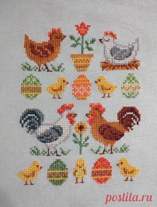 a cross stitch pattern with chickens and roosters in the center on a white background