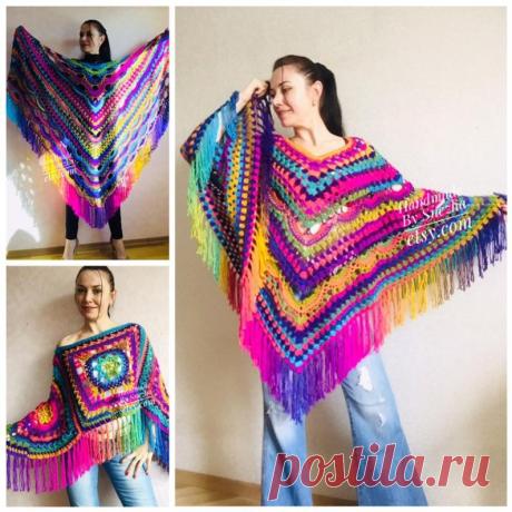 Rainbow Crochet Poncho Fringe Plus size Festival poncho | Etsy