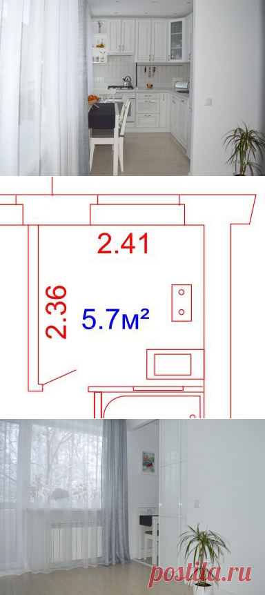 Кухня: на 5,7 "квадрата", но вместительная