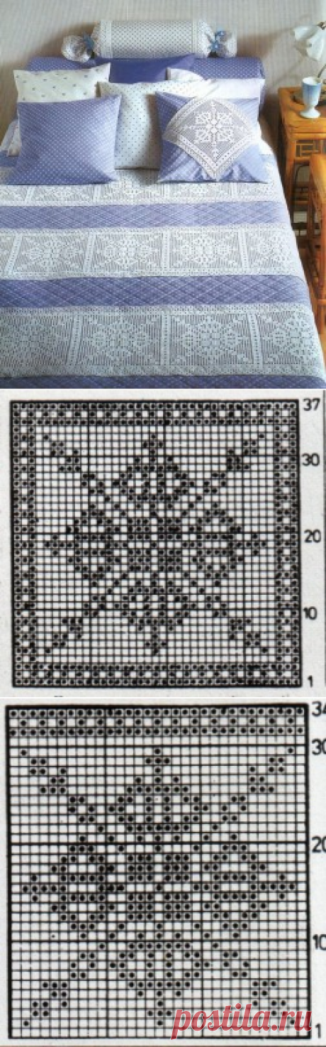 Филейное вязание. Красивый спальный комплект с филейными вставками + схемы. | Razpetelka.ru