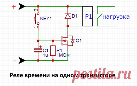 Реле времени на одном транзисторе  Реле времени на одном транзисторе и конденсаторе. Схема работает очень просто! После нажатия кнопки заряжается конденсатор С1 при достижени...